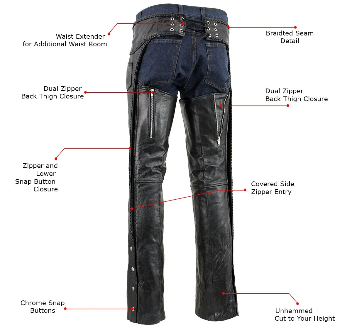 Xelement B7555 Classic Men's Black 'Braided' Elastic Fit Leather Chaps