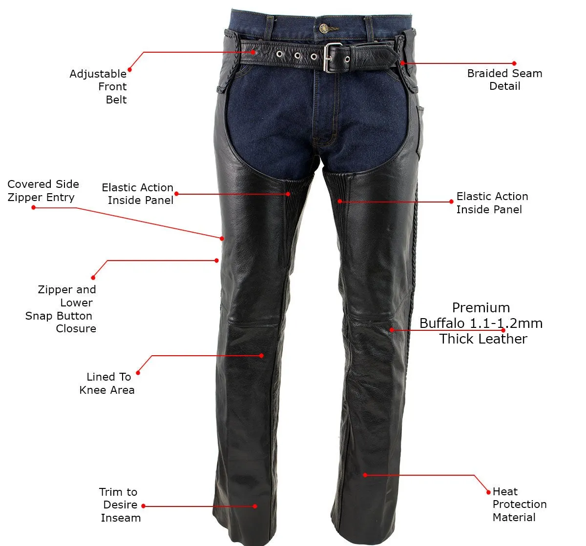 Xelement B7555 Classic Men's Black 'Braided' Elastic Fit Leather Chaps